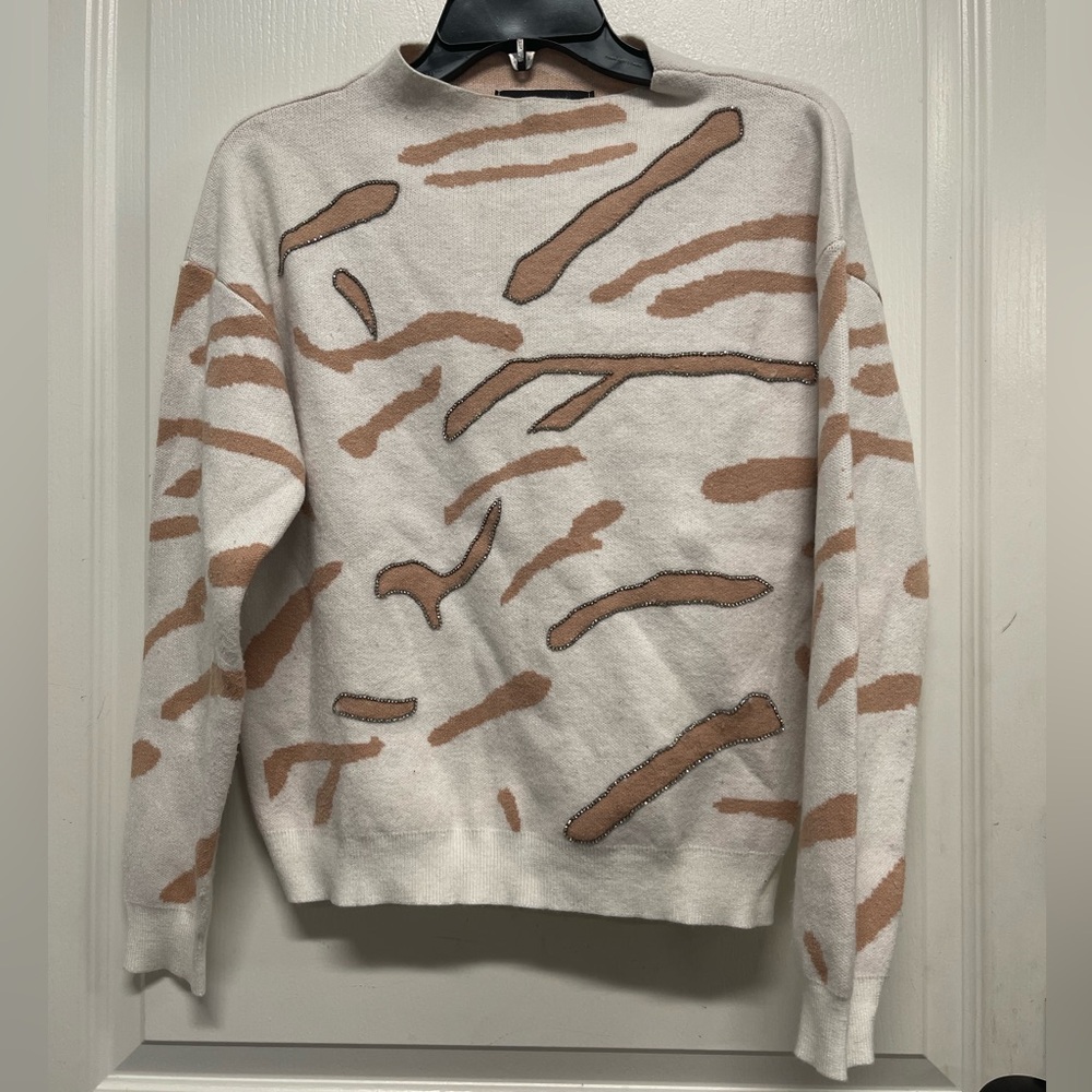 fab'rik White and Tan Animal Print & Rhinestone Crewneck Sweater- Size S